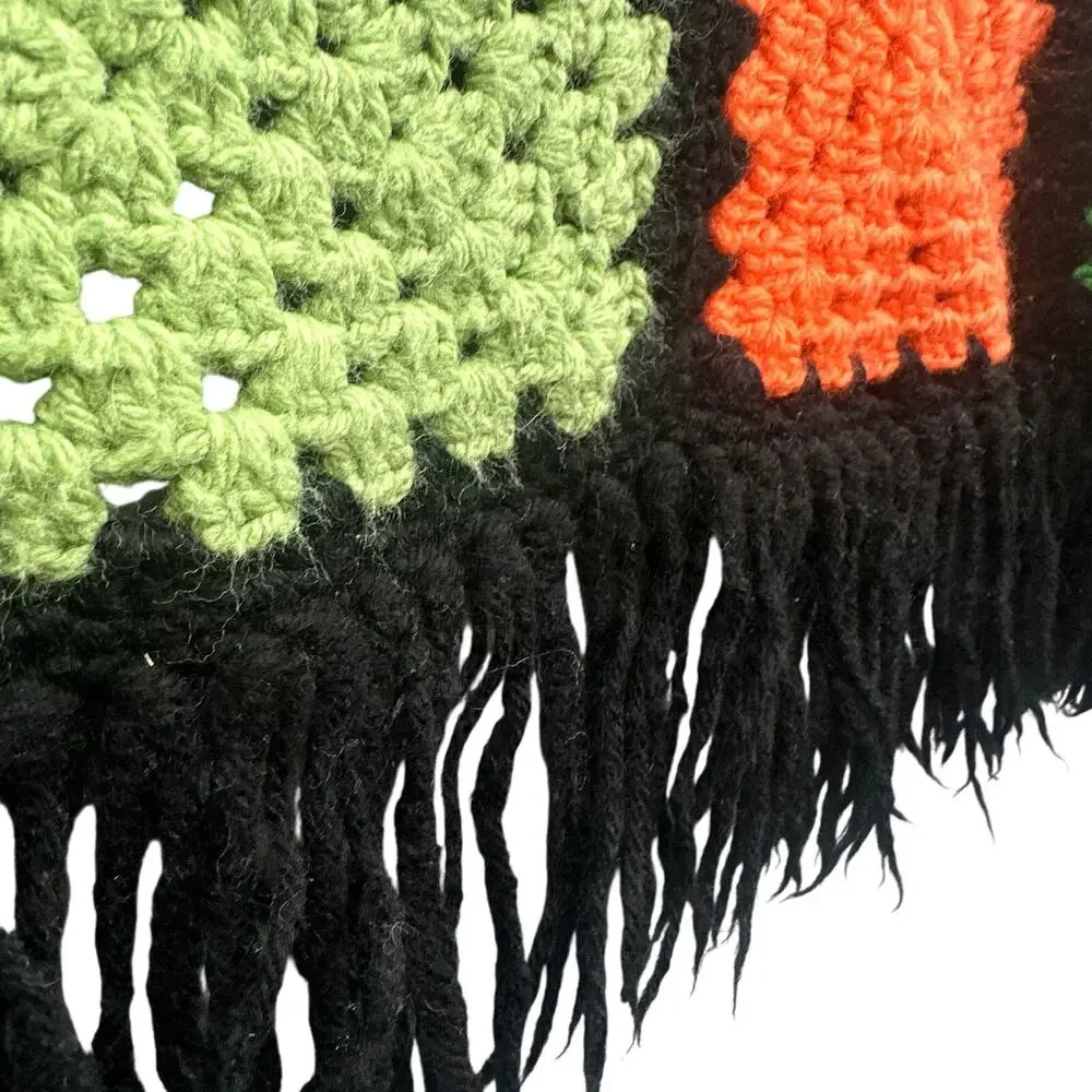 VTG Handmade Afghan Throw Blanket Roseanne Boho Fringe Black 73x35 OOAK Hippie